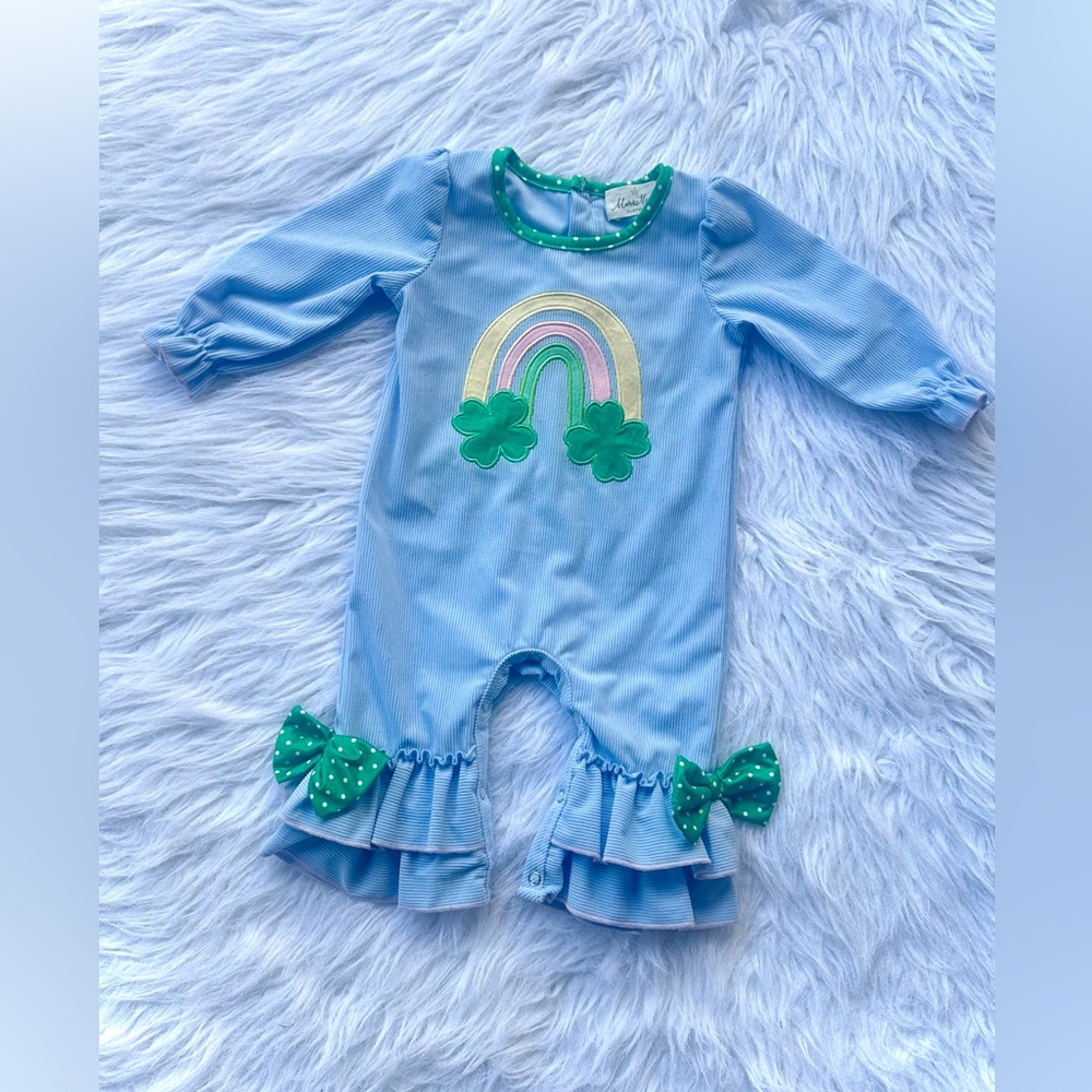 Blue Baby Romper with Rainbow and Clover Design NWOT